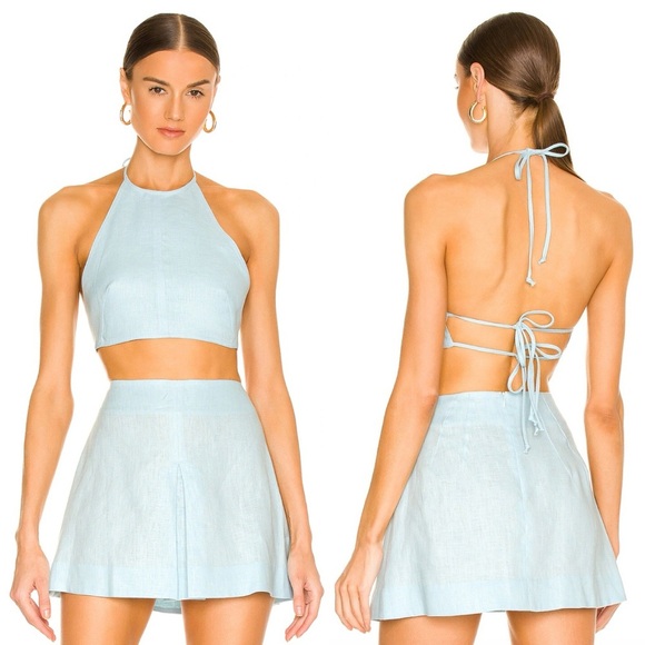 NWT MATTHEW BRUCH Tie Halter Crop Top & Kick Pleat Mini Skirt Set in Aqua - Picture 2 of 10